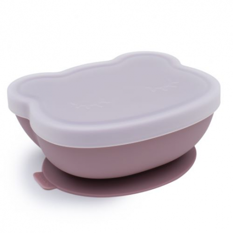 A silicone bowl with a suction cup and a lid. We Might Be Tiny Bear - Dusty Rose